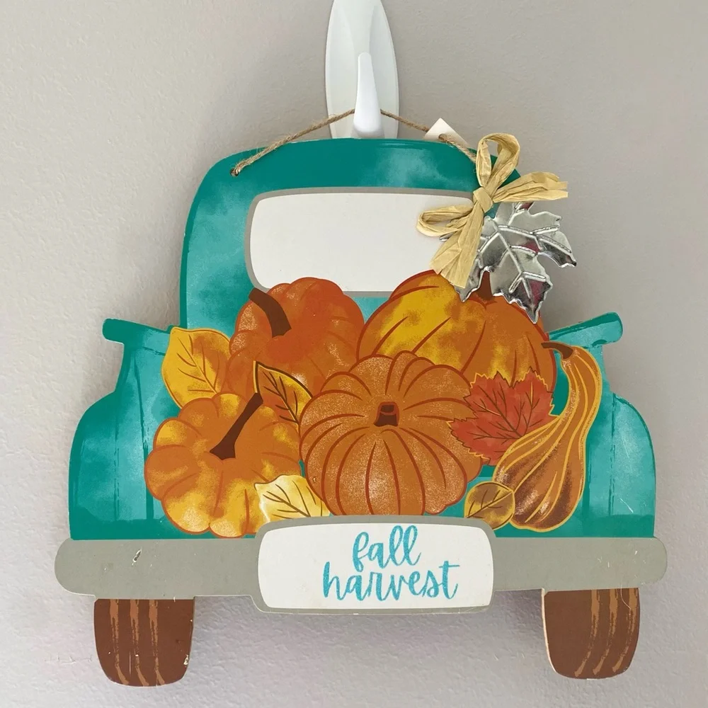 NWT Fall Harvest Classic Blue Truck with Pumpkins Hanging  Wall Door Sign